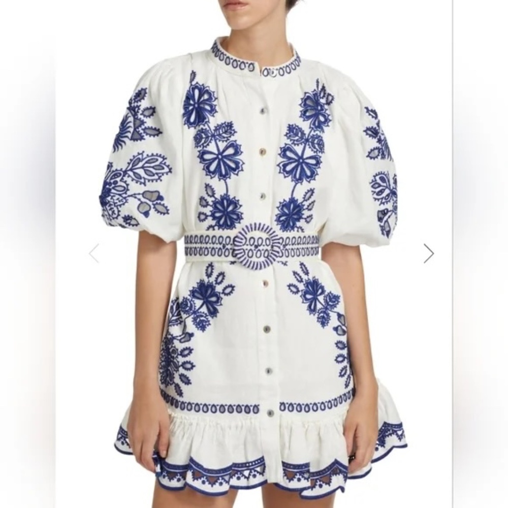 FARM Rio White and Navy Embroidered Mini Dress